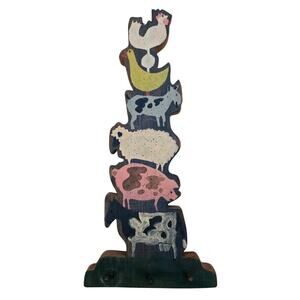 Primitive Folk Animal Stack Cow Pig Goat Goose Chicken Wall Hanging Key Holder